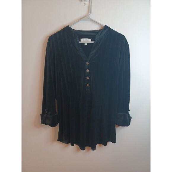 New Directions Crushed Velvet Popover Top L Black V Neck Quiet Luxury Old Money - Picture 1 of 9